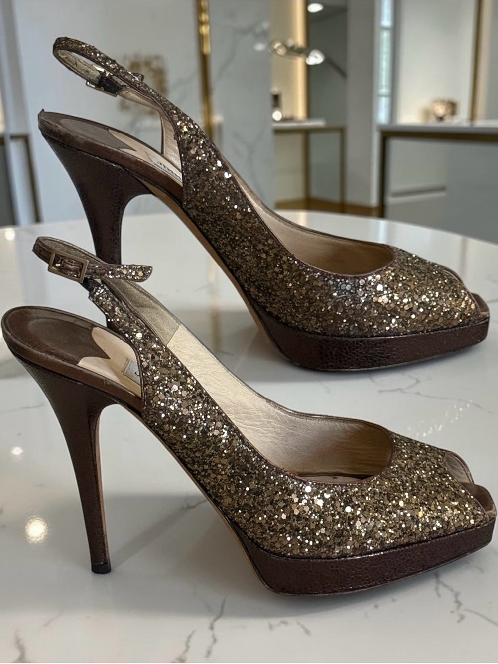 Jimmy Choo Nova Glitter Slingback Peep-Toe Platform Heels Bronze Gold Size 40